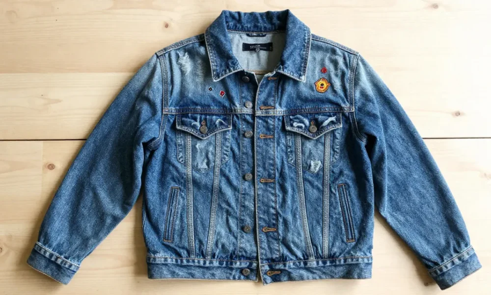 Flat lay of denim jacket with assorted embroidered and woven apparel patches for DIY customization