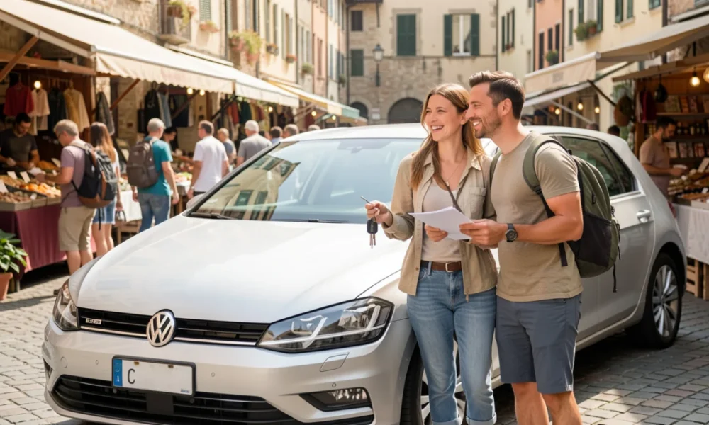 Happy couple buying a used car from a seller at a European dealership for long-term international travel, holding keys and documents
