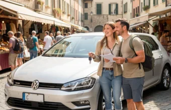 Happy couple buying a used car from a seller at a European dealership for long-term international travel, holding keys and documents