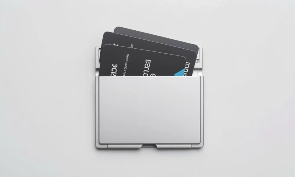 Silver aluminum cardholder wallet with pop-up mechanism displaying credit cards, ID, and folded cash on marble surface