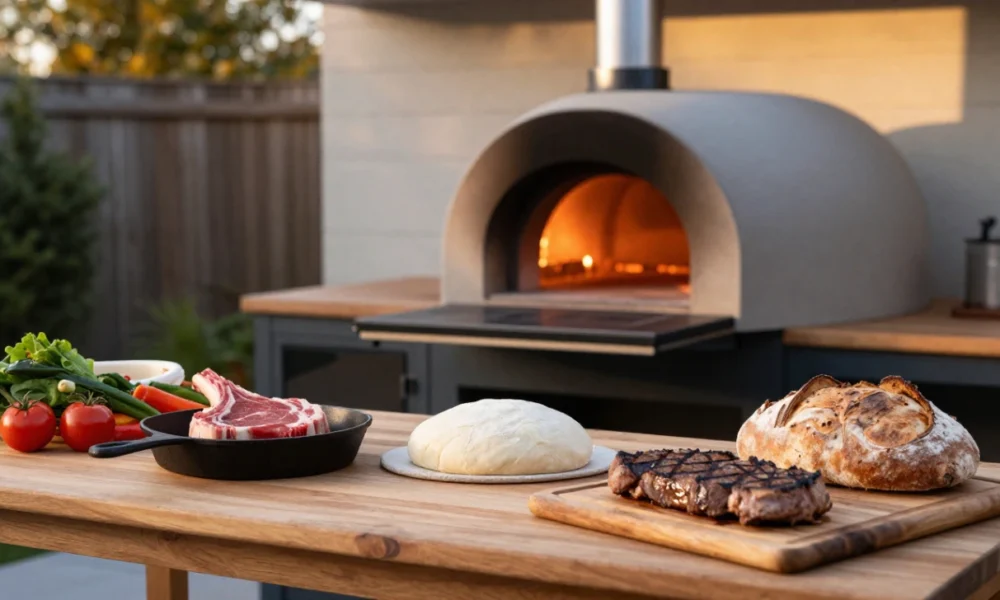A spread of raw vegetables, steak in a cast iron skillet, and bread dough beside a glowing outdoor wood-fired pizza oven, showing what to cook in a pizza oven besides pizza.
