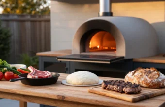 A spread of raw vegetables, steak in a cast iron skillet, and bread dough beside a glowing outdoor wood-fired pizza oven, showing what to cook in a pizza oven besides pizza.