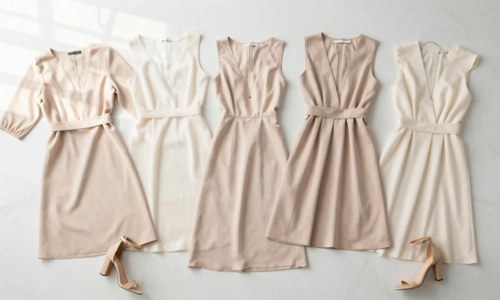 A flat lay of six essential dresses for a women's wardrobe, including a little black dress, wrap dress, shirt dress, maxi dress, A-line dress, and cocktail dress, arranged on a white surface with accessories like shoes and a bag.