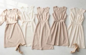 A flat lay of six essential dresses for a women's wardrobe, including a little black dress, wrap dress, shirt dress, maxi dress, A-line dress, and cocktail dress, arranged on a white surface with accessories like shoes and a bag.
