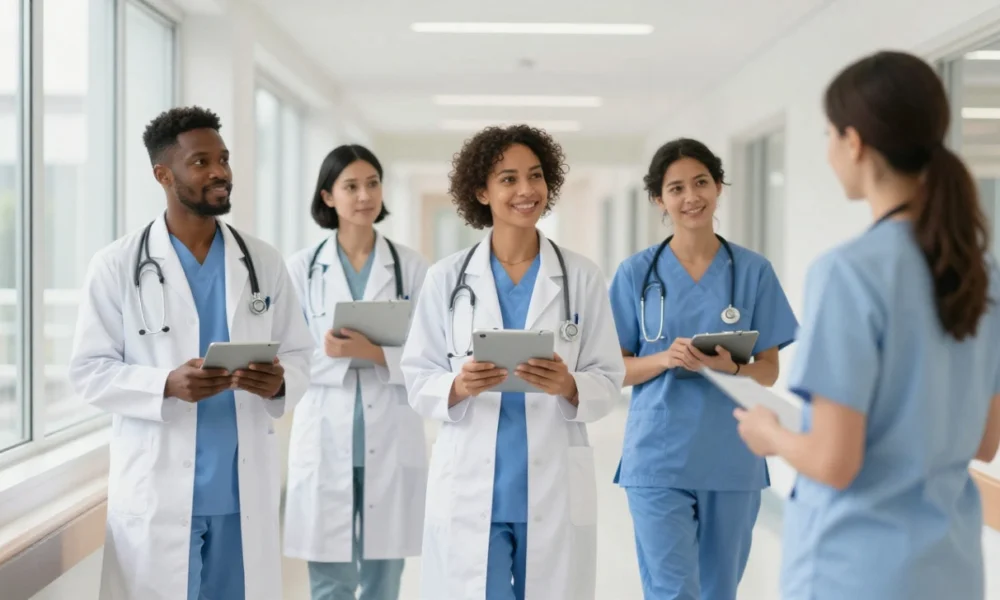 Diverse group of new medical graduates in white coats and scrubs standing in a modern hospital hallway, representing the start of a healthcare career in 2026