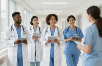 Diverse group of new medical graduates in white coats and scrubs standing in a modern hospital hallway, representing the start of a healthcare career in 2026