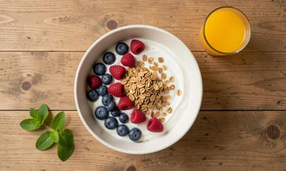 immune system support foods yogurt berries and probiotic supplements on rustic table