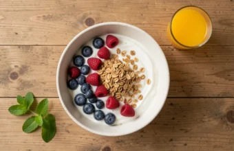 immune system support foods yogurt berries and probiotic supplements on rustic table