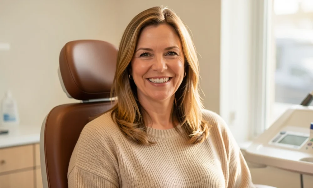 Woman with restored missing front tooth smiling confidently in dental clinic after implant treatment