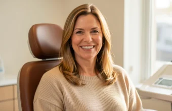 Woman with restored missing front tooth smiling confidently in dental clinic after implant treatment