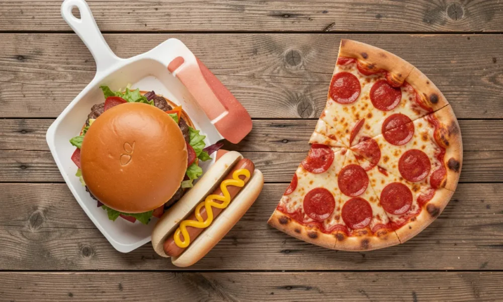 A top-down flat lay of the most popular foods in America, including a hamburger, pepperoni pizza, hot dog, mac and cheese, chocolate chip cookie, and apple pie on a rustic wooden table.