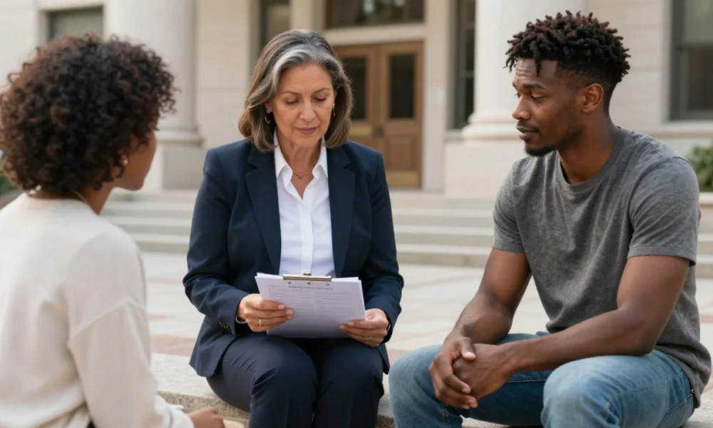 A bail bond agent consults with a defendant on courthouse steps, explaining the terms of a second chance bail bond agreement.