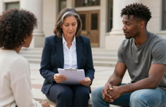 A bail bond agent consults with a defendant on courthouse steps, explaining the terms of a second chance bail bond agreement.