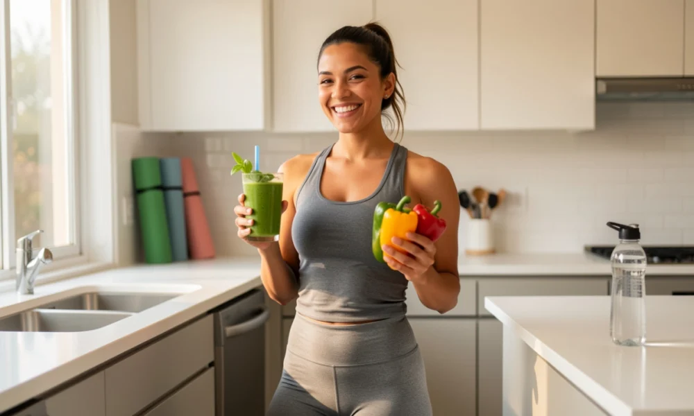 A happy woman holding a green smoothie and fresh vegetables in a sunlit kitchen, representing balanced nutrition and sustainable weight loss habits.