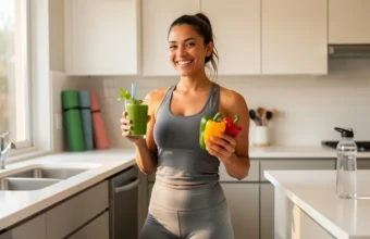 A happy woman holding a green smoothie and fresh vegetables in a sunlit kitchen, representing balanced nutrition and sustainable weight loss habits.