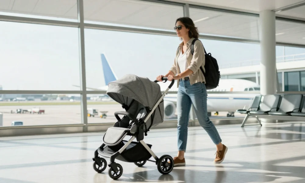 Happy mother pushing a lightweight travel pram with her toddler through a sunny airport terminal before a family flight