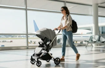 Happy mother pushing a lightweight travel pram with her toddler through a sunny airport terminal before a family flight