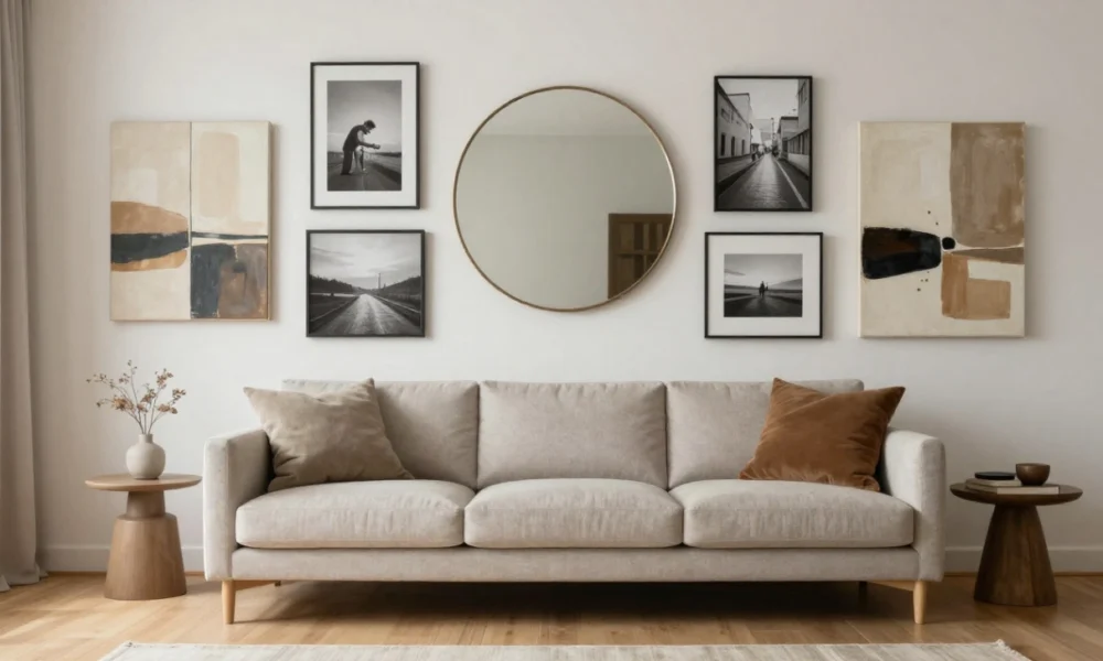 A modern living room featuring a curated gallery wall with metal photo prints, a round mirror panel, and abstract canvas art in earth tones, styled for 2026 wall decor ideas.