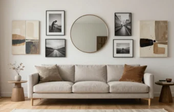 A modern living room featuring a curated gallery wall with metal photo prints, a round mirror panel, and abstract canvas art in earth tones, styled for 2026 wall decor ideas.