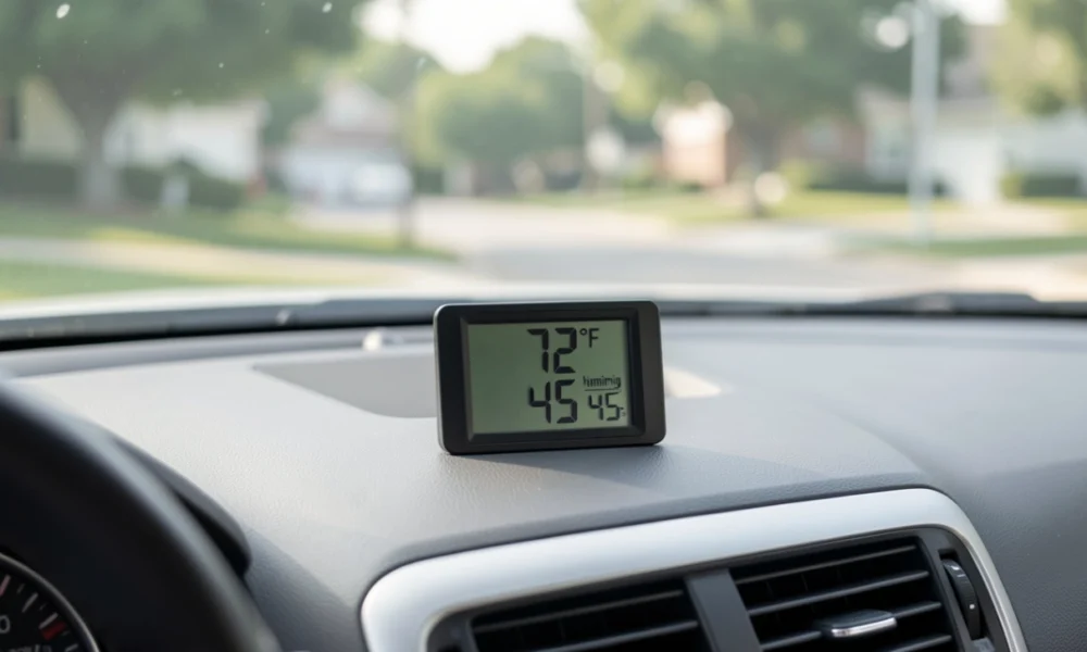 Baimoqi car digital clock mounted on a dashboard displaying time, temperature, and humidity levels