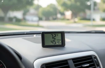Baimoqi car digital clock mounted on a dashboard displaying time, temperature, and humidity levels