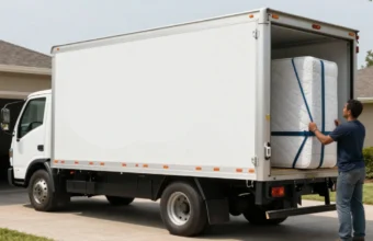 Medium-sized rental box truck being loaded with furniture and moving boxes for a household relocation, demonstrating proper cargo loading and securing techniques.