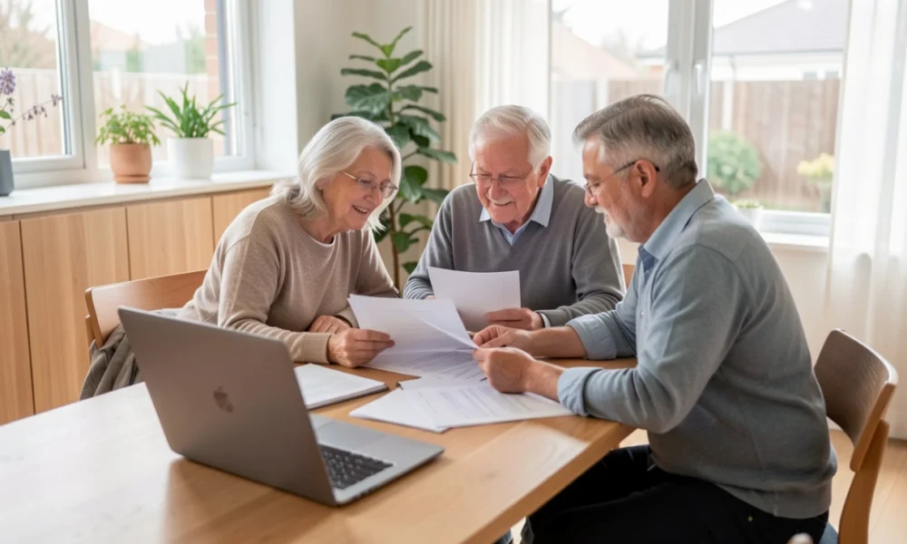A multi-generational family reviewing estate planning documents together at a sunlit dining table, representing legacy planning and financial security in 2026.