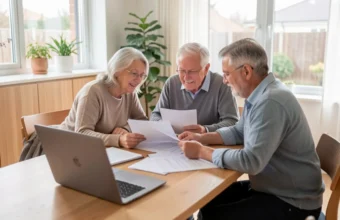 A multi-generational family reviewing estate planning documents together at a sunlit dining table, representing legacy planning and financial security in 2026.