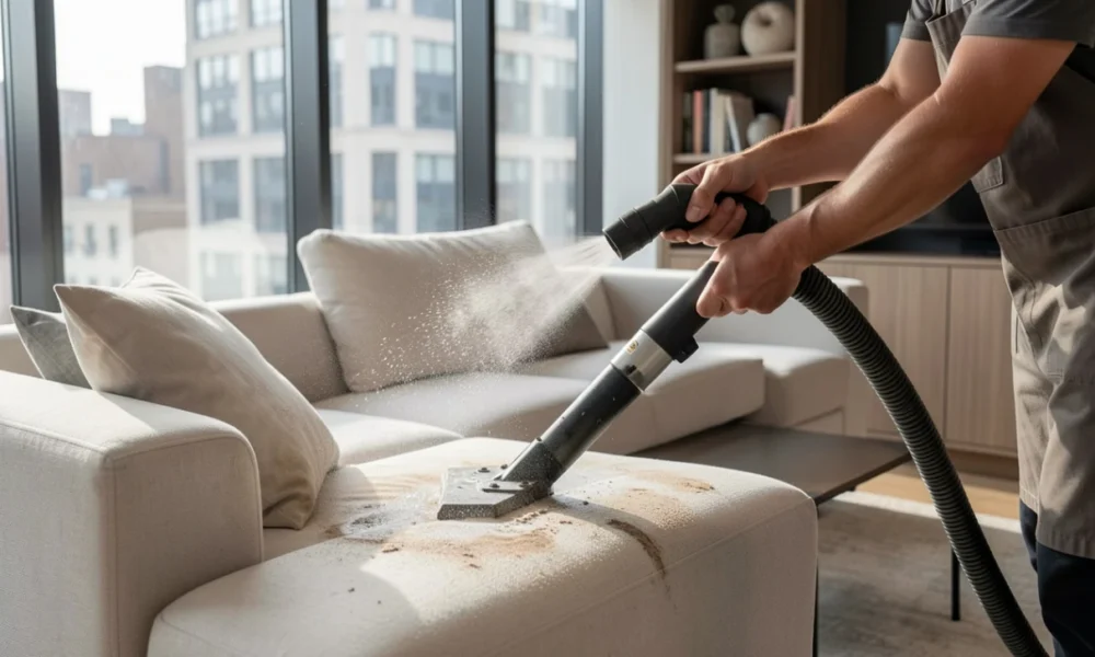 Professional upholstery cleaner performing deep cleaning on a fabric couch in a modern NYC apartment living room.