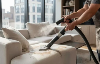 Professional upholstery cleaner performing deep cleaning on a fabric couch in a modern NYC apartment living room.