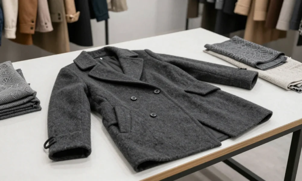 Coat manufacturing process in a garment factory with workers cutting fabric and sewing high-quality winter outerwear.