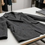 Coat manufacturing process in a garment factory with workers cutting fabric and sewing high-quality winter outerwear.