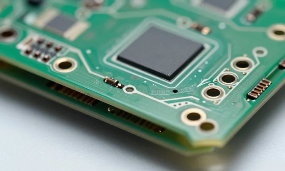 Close-up of a modern multi-layer printed circuit board (PCB) with microvias and surface-mounted components in a high-tech electronics lab, showcasing advanced AI-assisted PCB design and manufacturing.