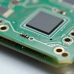 Close-up of a modern multi-layer printed circuit board (PCB) with microvias and surface-mounted components in a high-tech electronics lab, showcasing advanced AI-assisted PCB design and manufacturing.