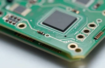 Close-up of a modern multi-layer printed circuit board (PCB) with microvias and surface-mounted components in a high-tech electronics lab, showcasing advanced AI-assisted PCB design and manufacturing.