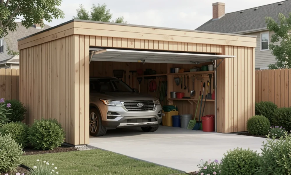 Detached wooden garage shed with roll-up door and SUV parked inside on a concrete pad in a suburban backyard.