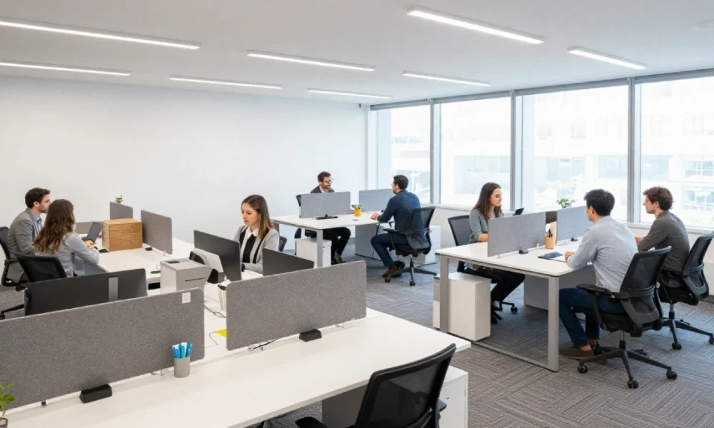 Modern office interior showing ergonomic workstations, collaborative areas, natural lighting, indoor plants, and organized storage for productivity and employee comfort
