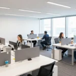 Modern office interior showing ergonomic workstations, collaborative areas, natural lighting, indoor plants, and organized storage for productivity and employee comfort