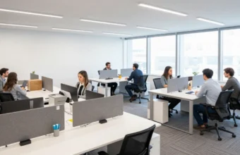 Modern office interior showing ergonomic workstations, collaborative areas, natural lighting, indoor plants, and organized storage for productivity and employee comfort