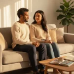 Two adults in a sunlit living room practicing mindfulness and discussing mental health, representing emotional well-being and balanced life.