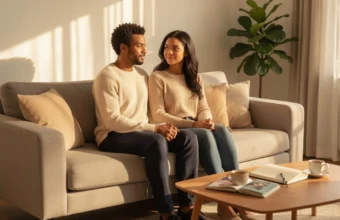 Two adults in a sunlit living room practicing mindfulness and discussing mental health, representing emotional well-being and balanced life.