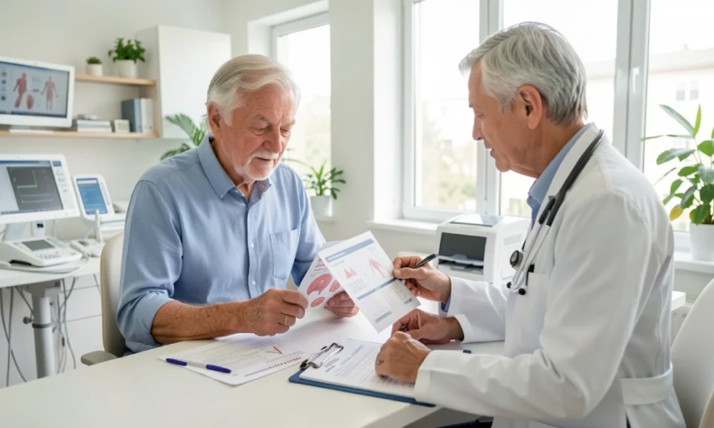 Senior adults having a routine health check-up with a doctor in a modern clinic, illustrating preventive care for people over 65