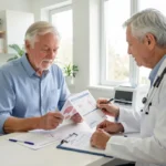 Senior adults having a routine health check-up with a doctor in a modern clinic, illustrating preventive care for people over 65