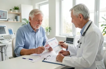 Senior adults having a routine health check-up with a doctor in a modern clinic, illustrating preventive care for people over 65