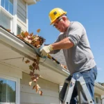 Homeowner on ladder cleaning clogged gutters with gloves and scoop on a sunny day, performing DIY gutter maintenance to prevent water damage.