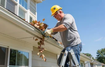 Homeowner on ladder cleaning clogged gutters with gloves and scoop on a sunny day, performing DIY gutter maintenance to prevent water damage.