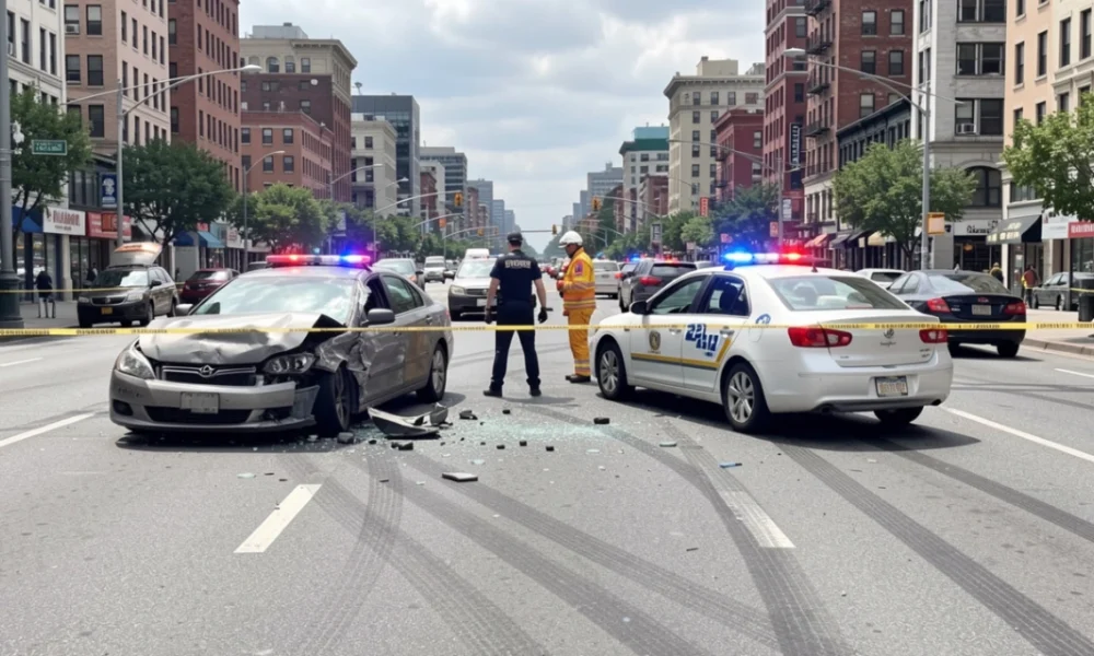 Scene of a car accident with emergency responders attending, damaged vehicles, and bystanders on a busy urban road, highlighting road safety and accident prevention
