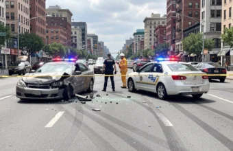 Scene of a car accident with emergency responders attending, damaged vehicles, and bystanders on a busy urban road, highlighting road safety and accident prevention