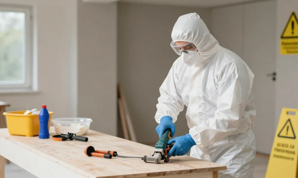 Home renovation worksite with a worker in full safety gear using power tools in a clean and organized construction area.