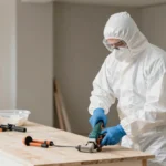 Home renovation worksite with a worker in full safety gear using power tools in a clean and organized construction area.